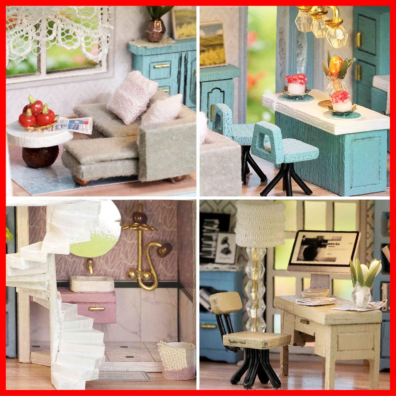 手作りキット ドールハウス ファニチャー セット ミニチュア インテリア オーナメント 木製 新築祝い 創造的+LEDライト、 DIY 3D