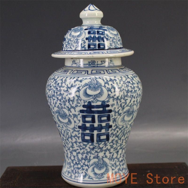 清青花双喜纏枝紋将軍蓋缶 景徳鎮 陶磁器 装飾品 現代工芸品 美術品 置物 清青花双喜纏枝紋将軍蓋缶 景徳鎮 陶磁器 装飾品 現代工芸品