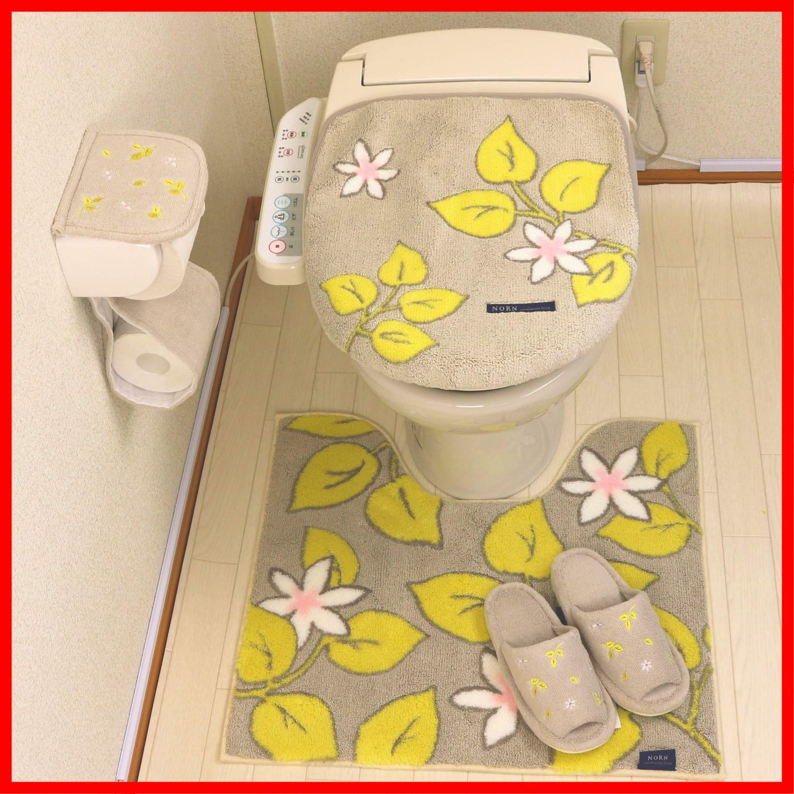 在庫 おしゃれ 北欧 マット セット フタカバー 4点 トイレマット スリッパ ベージュ ノルン ペーパーホルダーカバー オカ