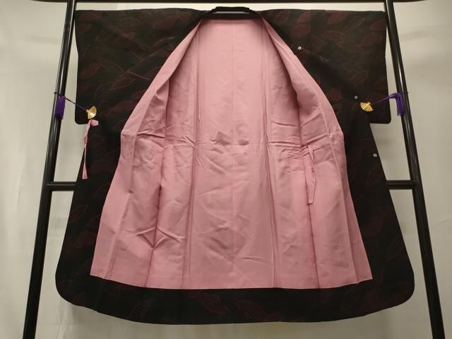 平和屋着物＃道行コート　輪奈織　舞葉文　黒地　ロング丈　正絹　逸品　CAAT5895id 平和屋着物＃道行コート 輪奈織 舞葉文 黒地 ロング丈 正絹 逸品