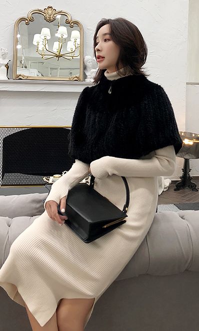 上質なミンク編み込みボレロケープポンチョ ミニスカート黒２WAY