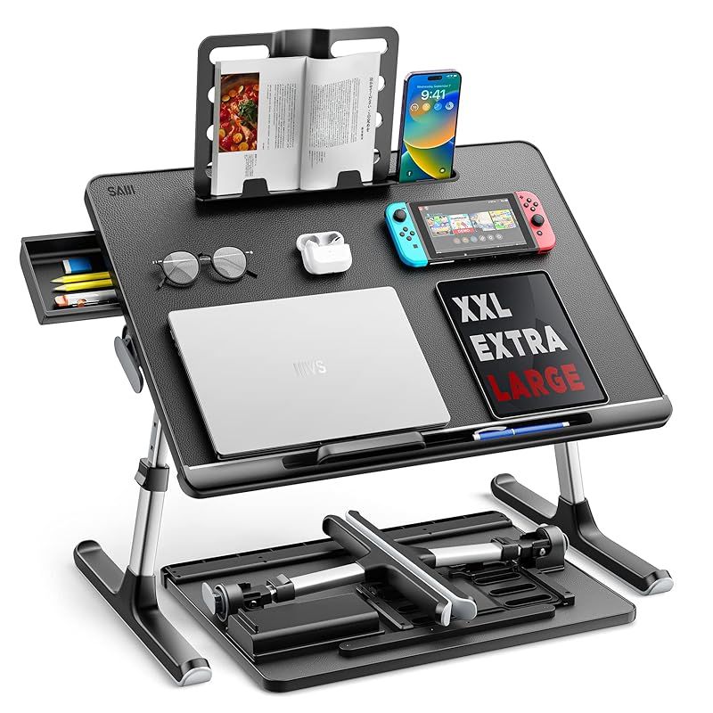 SAIJI 折りたたみミニテーブル 安定性強化版 ローテーブル ベッド用 軽量 大容量天板 角度 高さ調整 引き出し-ブックスタンド付き 表面PVC加工 40kg耐荷重 勉強 食事 一人暮らしに最適 K7 ブラック 60*45cm 0