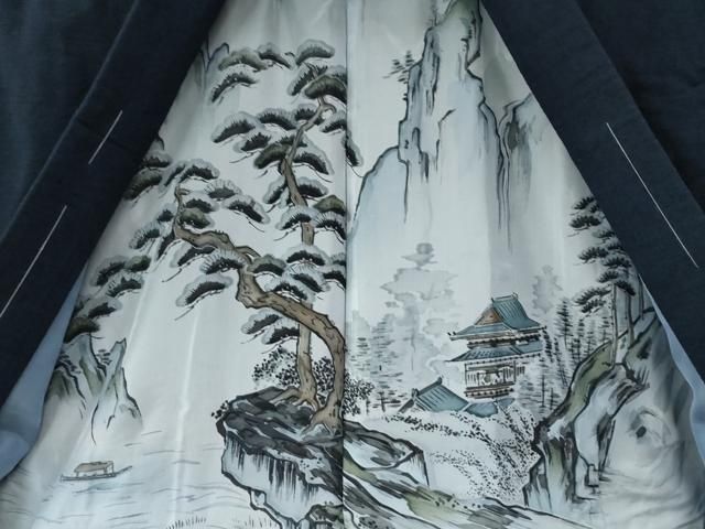 平和屋着物○男性 紬 アンサンブル 色無地 濃藍色 正絹 逸品 未使用