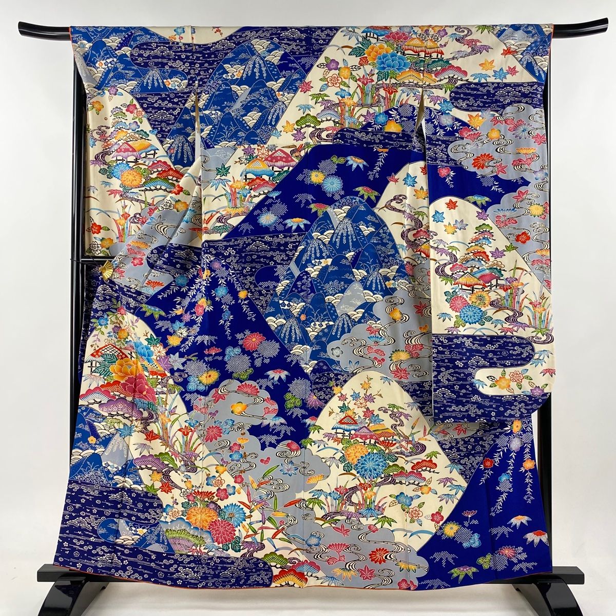 振袖 身丈159.5cm 裄丈67cm M 袷 牡丹 松竹梅 青 正絹 秀品