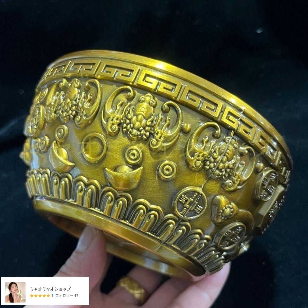 銅細工 聚宝盆 置物 招米 聚米 大盆 工芸品 装飾品 美術品 纯黄铜百福缸聚宝盆精雕碗招财米缸纯铜摆件大号铜器桌面摆件笔洗