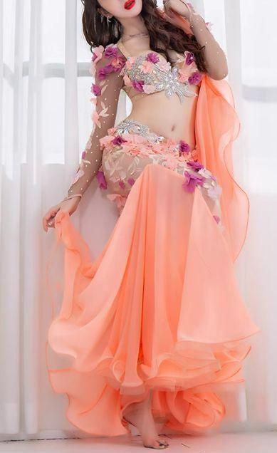 ベリーダンス衣装 ブラスカートセット オレンジ系 花 オーダーメイド ベリーダンス衣装 ブラスカートセット オレンジ系 花 オーダーメイド