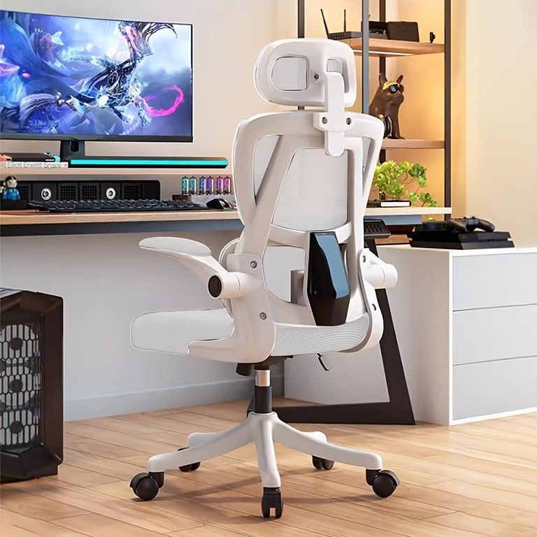 腰サポート＆高耐久 人間工学オフィスチェア メモリーフォームシート 通気性メッシュ 高さ無段階調節 360回転 アームレスト搭載 ステンレスフレーム採用 在宅ワーク 書斎に最適 ホワイト