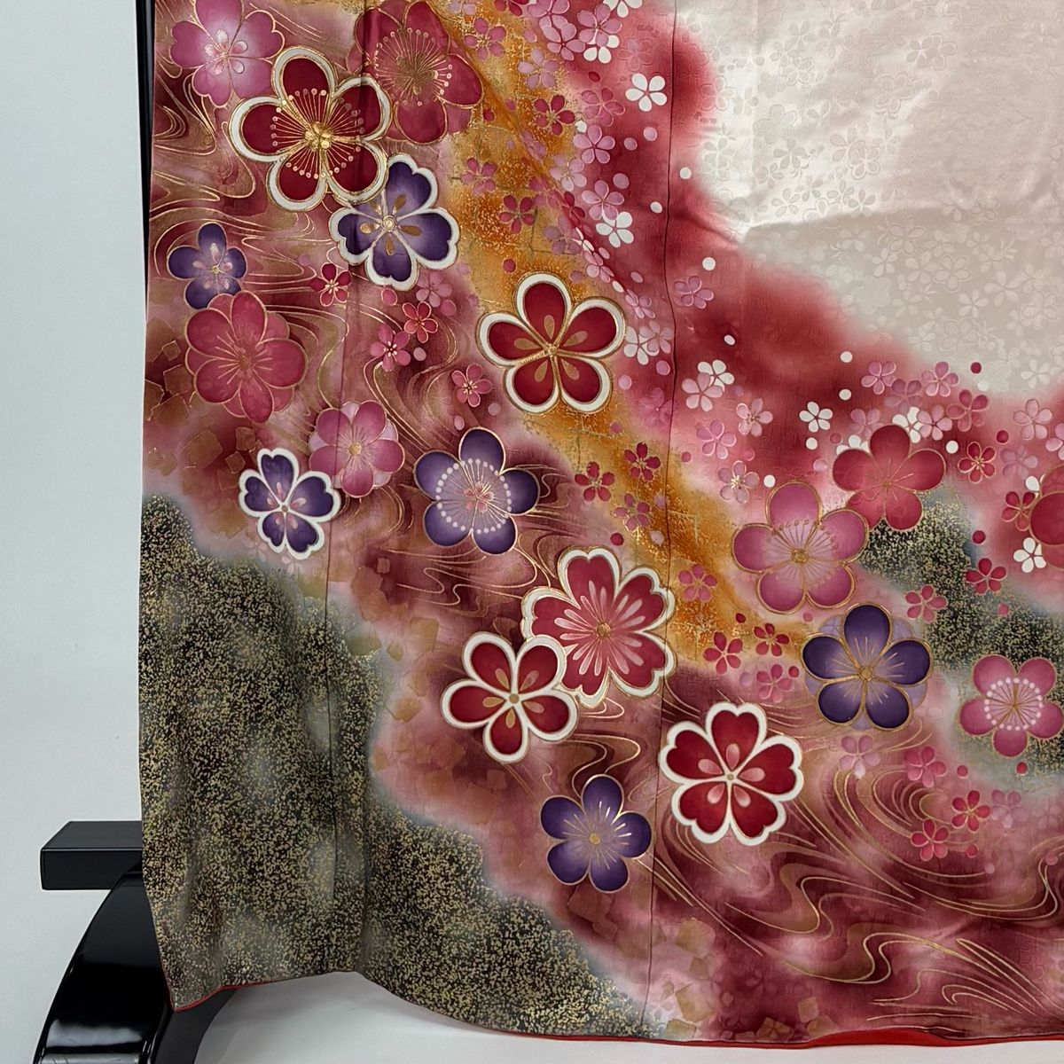振袖 身丈172cm 裄丈68cm L 袷 岩田専太郎 落款 梅 流水 金糸 金彩 薄ピンク 正絹