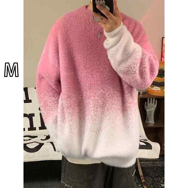 [M]秋冬 コーデ メンズ  服 シンプル ファッション オシャレ 大人 かっこいい 大きいサイズ ストリート 紳士服 レトロ プルオーバー セーター カジュアル トップス ピンク 白 グラデーション 長袖