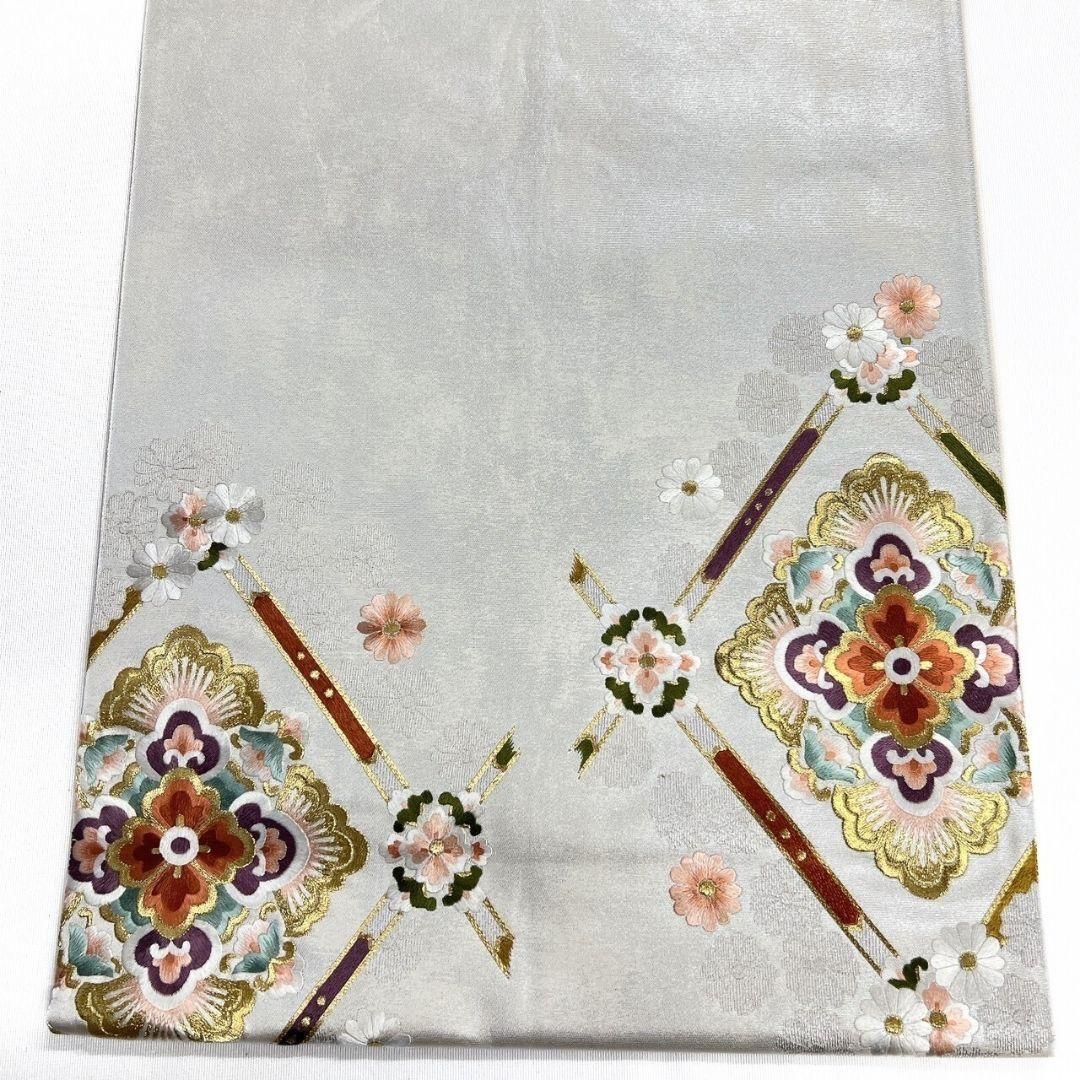 刺繍 花菱 菊花 格子模様 袋帯 着物 113a p（銀座【帯3454】絽