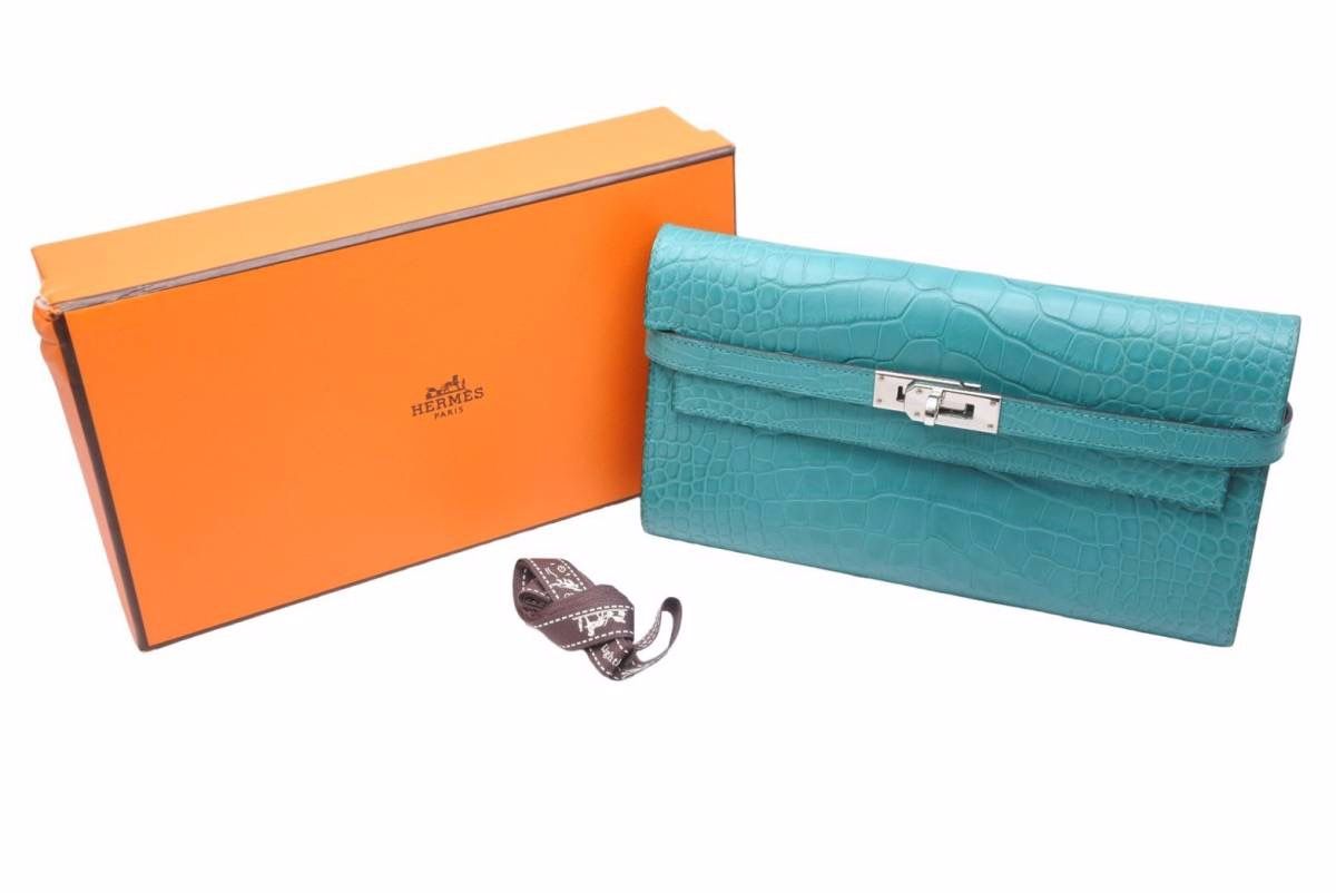 極美品 HERMES エルメス ケリーウォレット ヴェールヴェローヌ アリゲーター A刻印 長財布 箱付き 中古 49868 極美品 HERMES エルメス ケリーウォレット ヴェールヴェローヌ