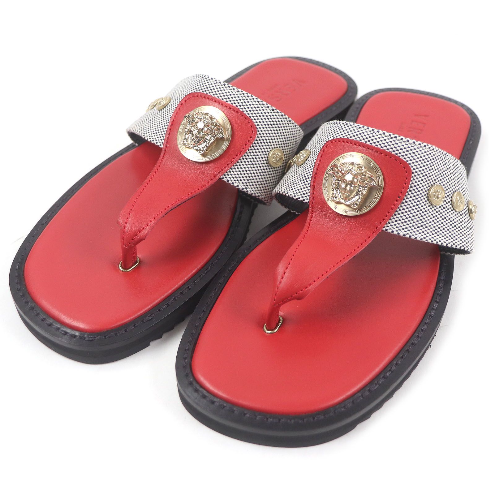 □VERSACE ヴェルサーチ メデューサ ゴールド金具 レザー トングサンダル ビーチサンダル レッド ブラック 41 イタリア製 メンズ