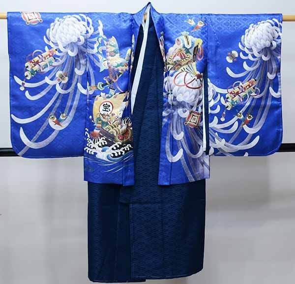 七五三 五歳 男児 羽織・着物・襦袢3点セット 金刺繍 綸子地 青地 兜 