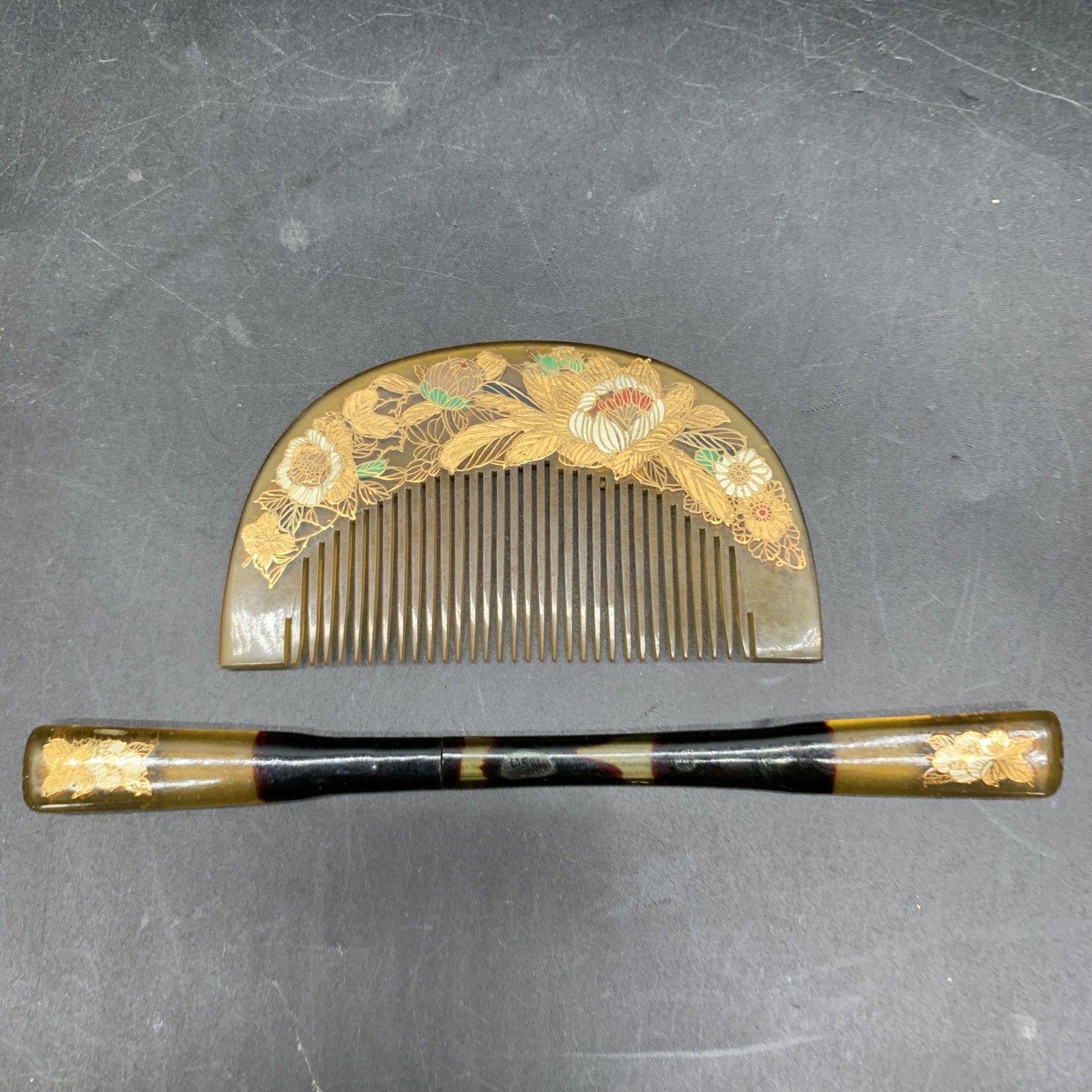 L338 アンティーク 櫛＆簪セット 金箔べっこう色 花柄 彫金 彩色 櫛 笄 