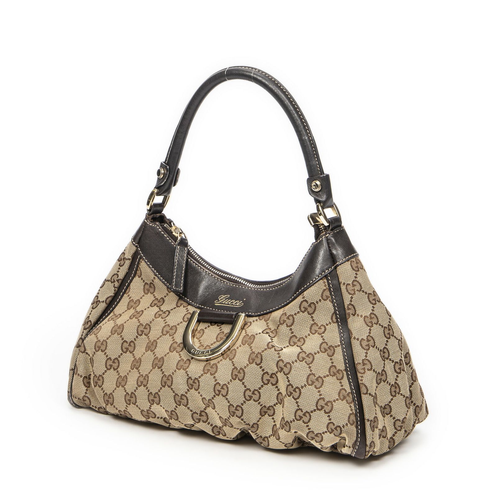 GUCCI グッチスモール D リング ホーボーブラウン ベージュGGキャンバスA