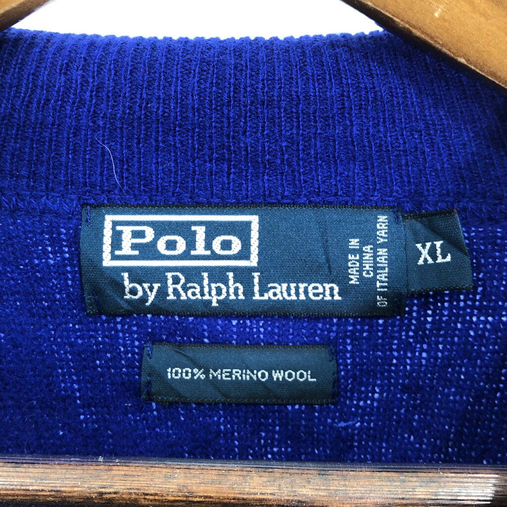 90年代 Polo by Ralph Lauren ポロ ラルフローレン メリノウール ドライバーズニットセーター ブルー (メンズ XL) 中古 古着 R0737