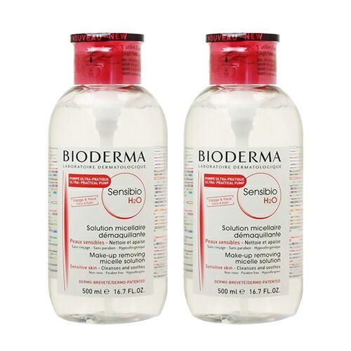 ビオデルマ サンシビオ(クリアリン) H2O D(赤) コットン用ポンプ付 500ml×2本セット クレンジングウォーター BIODERMA クレンジング[1779] お得な500ml 敏感肌無香料 徹底的にやさしく手軽にケア！肌