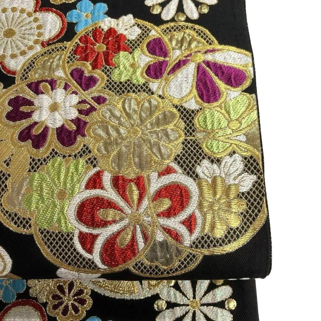 袋帯　黒地　南天模様　木の実　リーフ模様　金糸　着物　044a p 袋帯黒地南天模様木の実リーフ模様金糸着物044a p