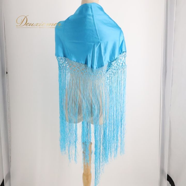 【フラメンコ用衣装 多色刺花柄】ブルー フレコ付き トライアングル シージョ 美品 フラメンコ衣装ブラック×ブルー刺繍 シージョ マントン フレコ