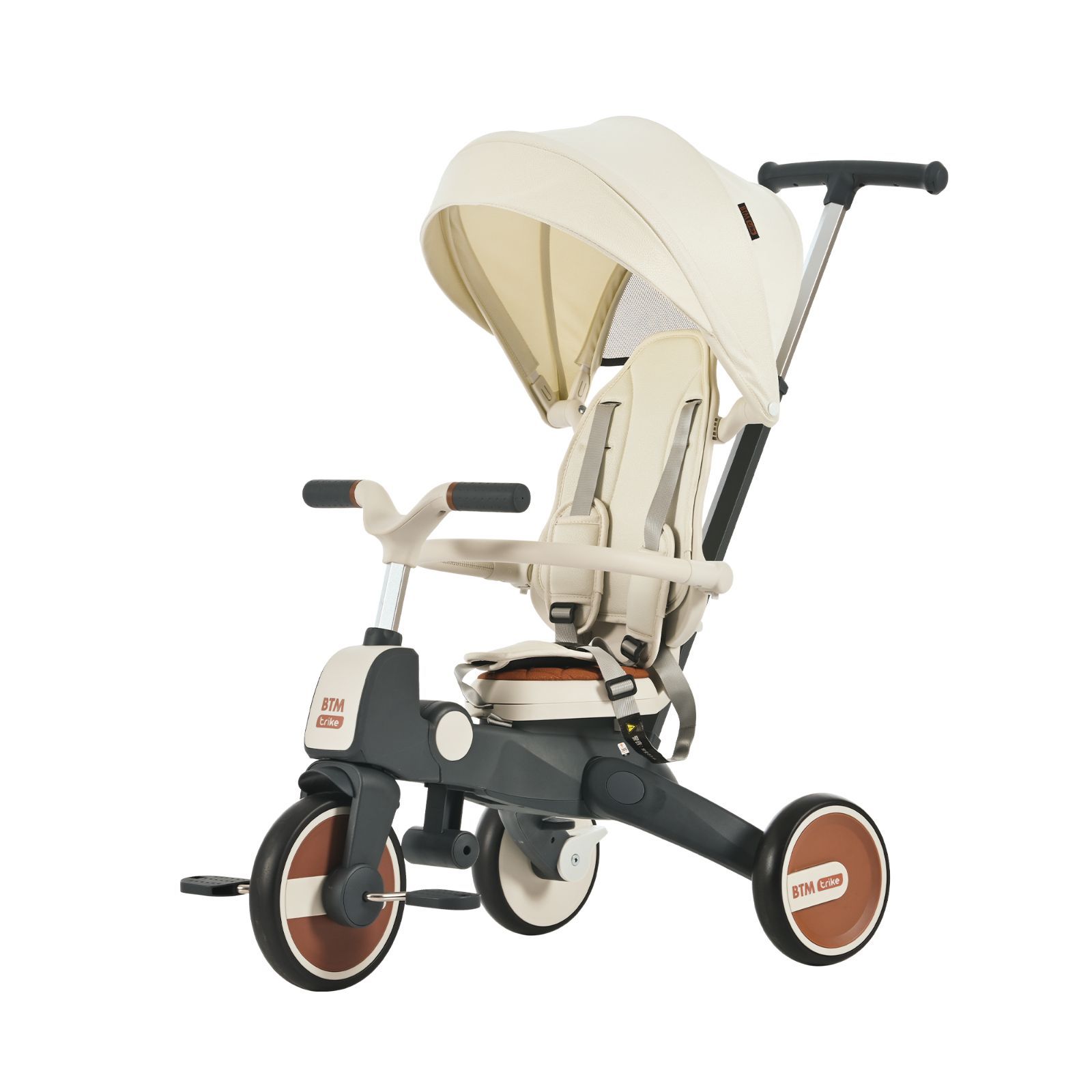 ワンタッチ折りたたみ 子供用三輪車｜ベージュ × ブラウン｜サンシェード 安全バー シートベルト付き｜サドル回転可｜コントロールバー搭載｜MS310977AAA