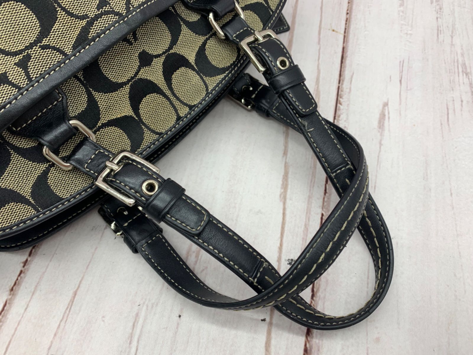 【美品】COACH ハンドバッグ シグネチャー キャンバス ブラック ☆COACH コーチ シグネチャー キャンバス レザー ハンドバッグ