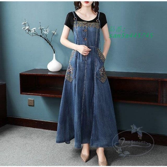 デニム ワンピース レディース マキシワンピース ロングワンピース 夏 デニム 刺繍 大きいサイズ キャミワンピース 春 サロペットスカート am5a445745