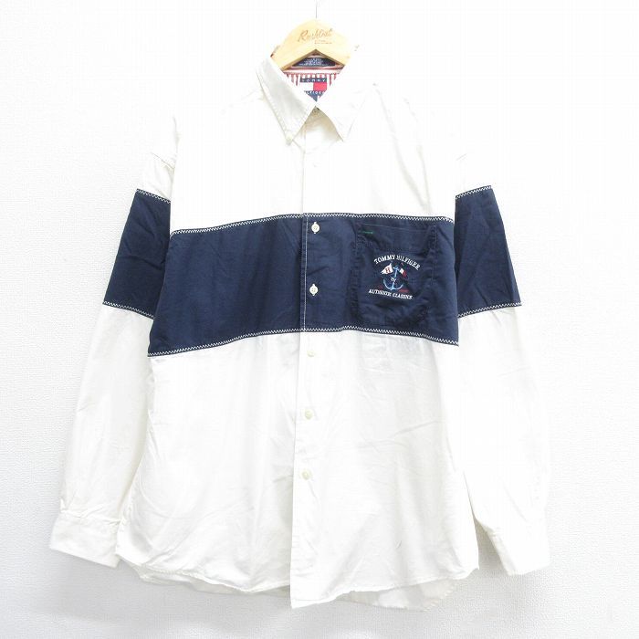 XL/古着 トミーヒルフィガー 長袖 ブランド シャツ メンズ 90s 大きいサイズ コットン ボタンダウン 紺他 ネイビー 24sep19 中古 トップス