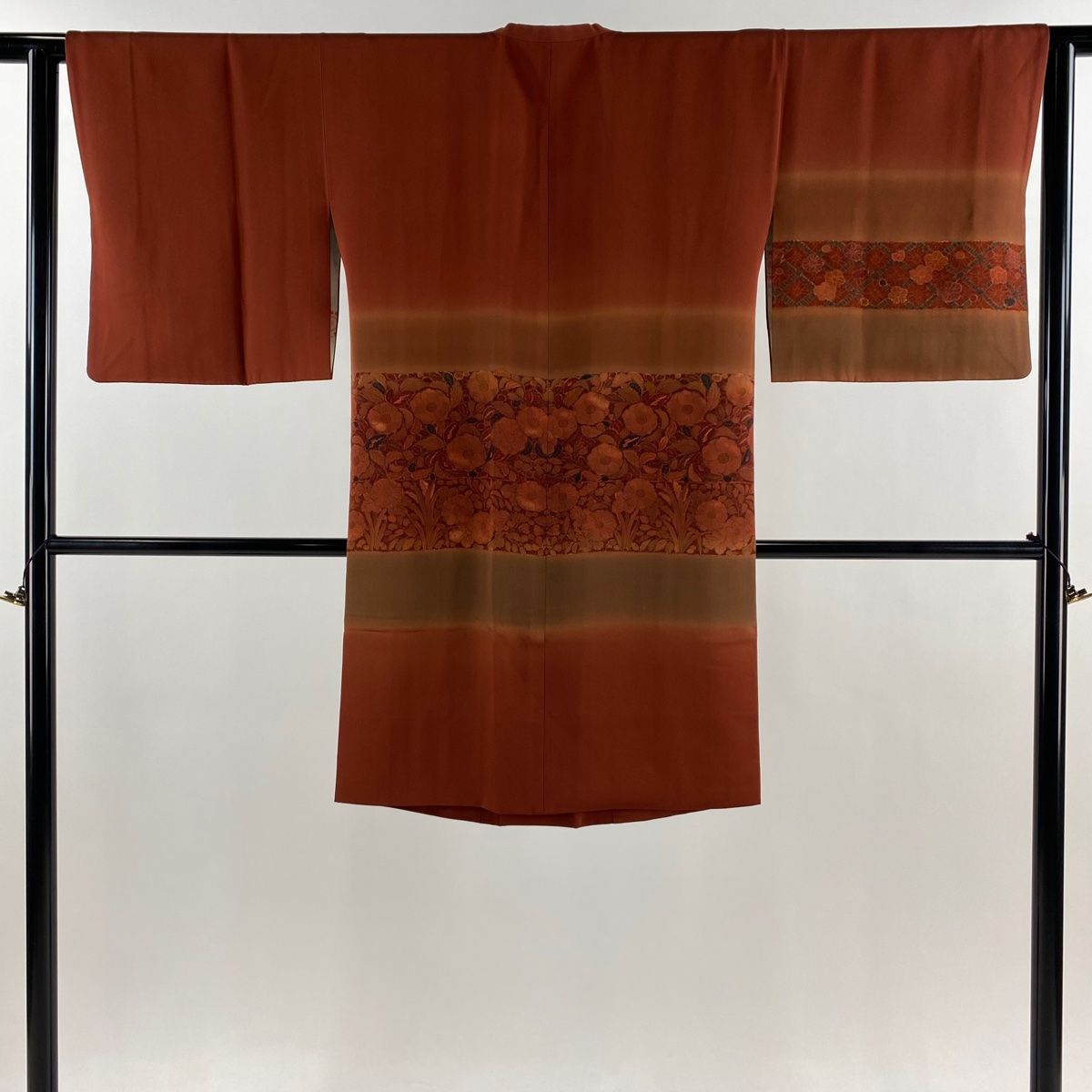 道行 身丈101.5cm 裄丈62.5cm S 和装コート 角衿 草花 ぼかし 赤茶 正絹 名品