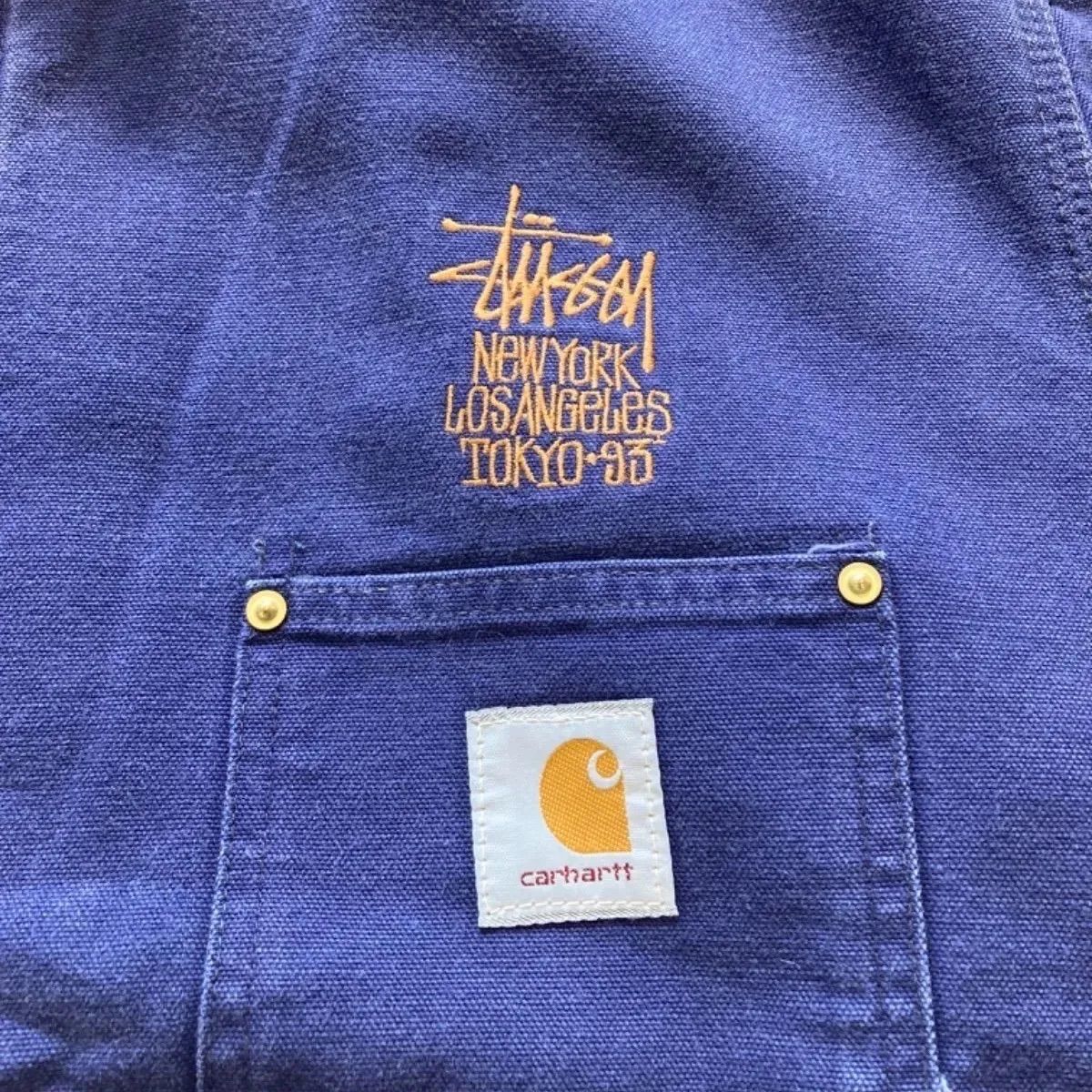 Carhartt カーハート × Stussy ステューシー コラボレーション ダック ジャケット カバーオール コーデュロイ ウール ライニング  フェード ネイビー ナス紺 TOKYO 1993 L XL