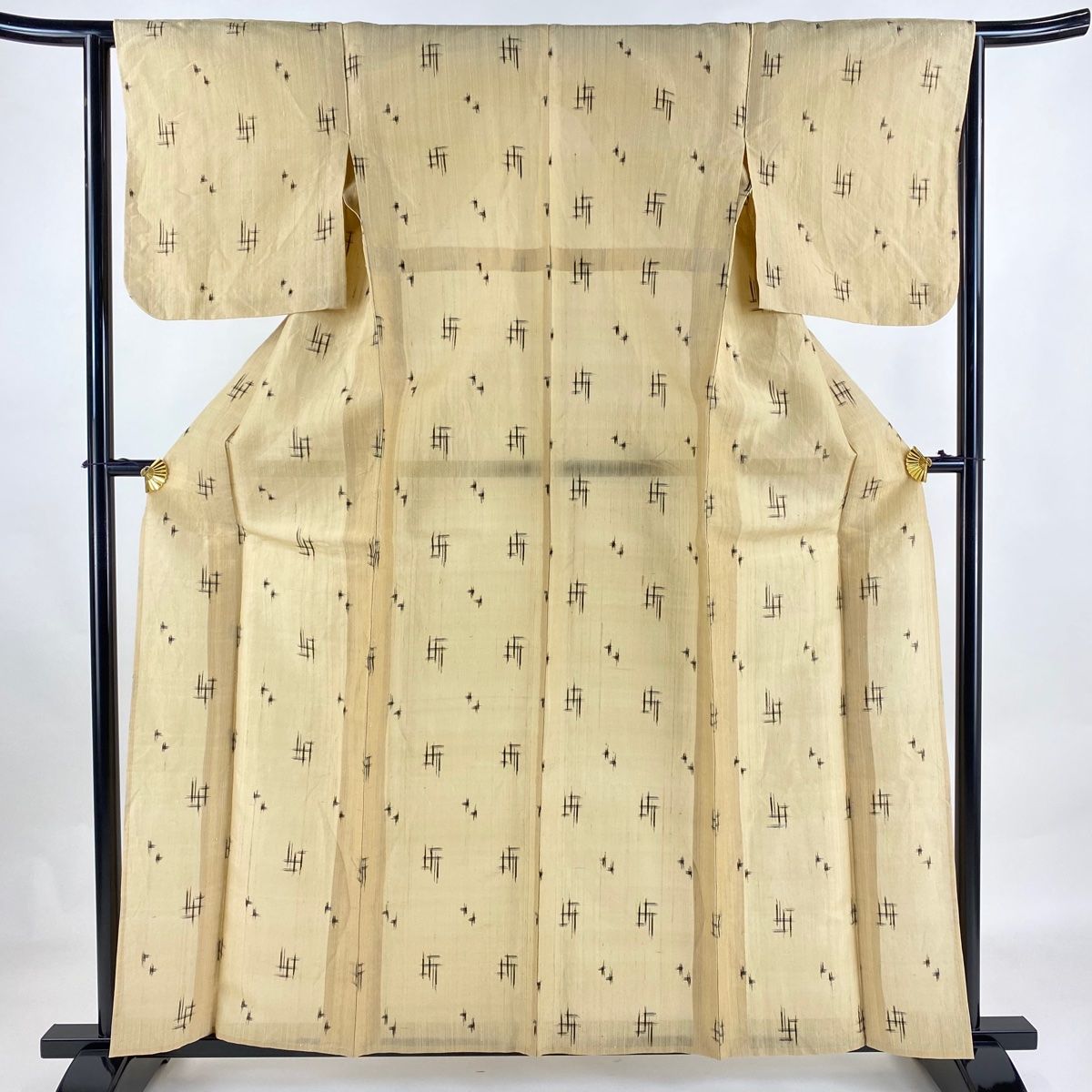 紬 身丈160cm 裄丈63cm S 単衣 夏紬 絣柄 ベージュ 麻