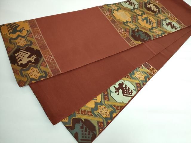 平和屋本店□最高級 龍村平蔵製 太鼓柄 本袋帯 有栖川鹿手 錆色地 逸品