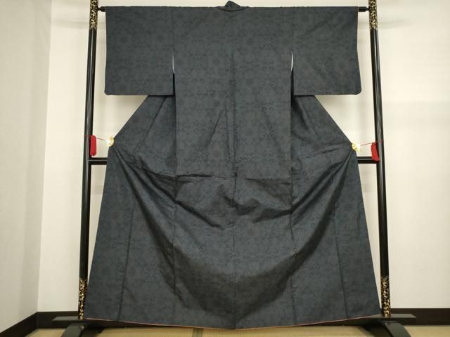 平和屋着物▽上質な紬 単衣 切り嵌め花唐草文 正絹 逸品