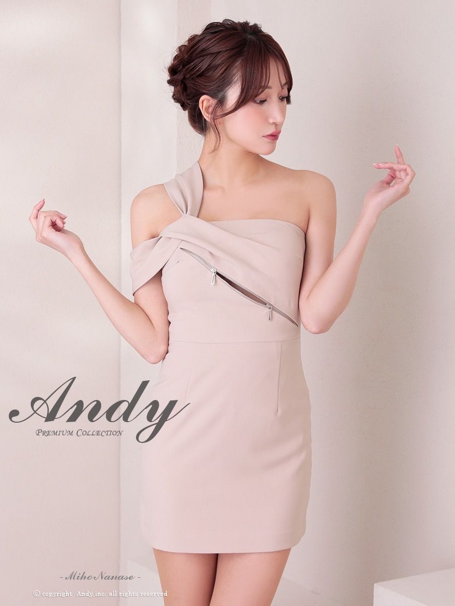 ベージュ AN-ON2938 Andy|アンディ ストレッチ| ジッパー| アシンメトリー| ワンショルダー| ベア| タイト| ミニドレス| ワンピース| キャバドレス
