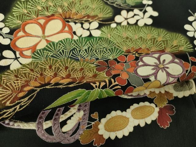 平和屋着物○アンティーク 大正ロマン 黒留袖 駒刺繍 吉祥花車文 金彩