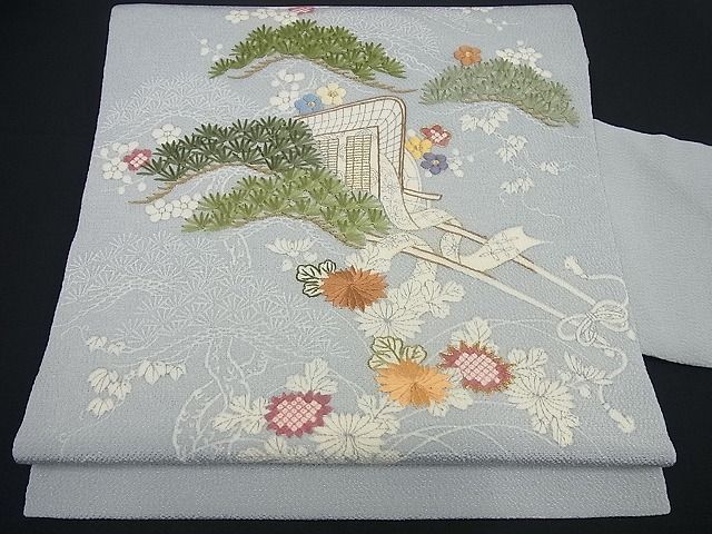 平和屋1□極上 九寸名古屋帯 駒刺繍 御所車花松文 鬼しぼ縮緬 金糸