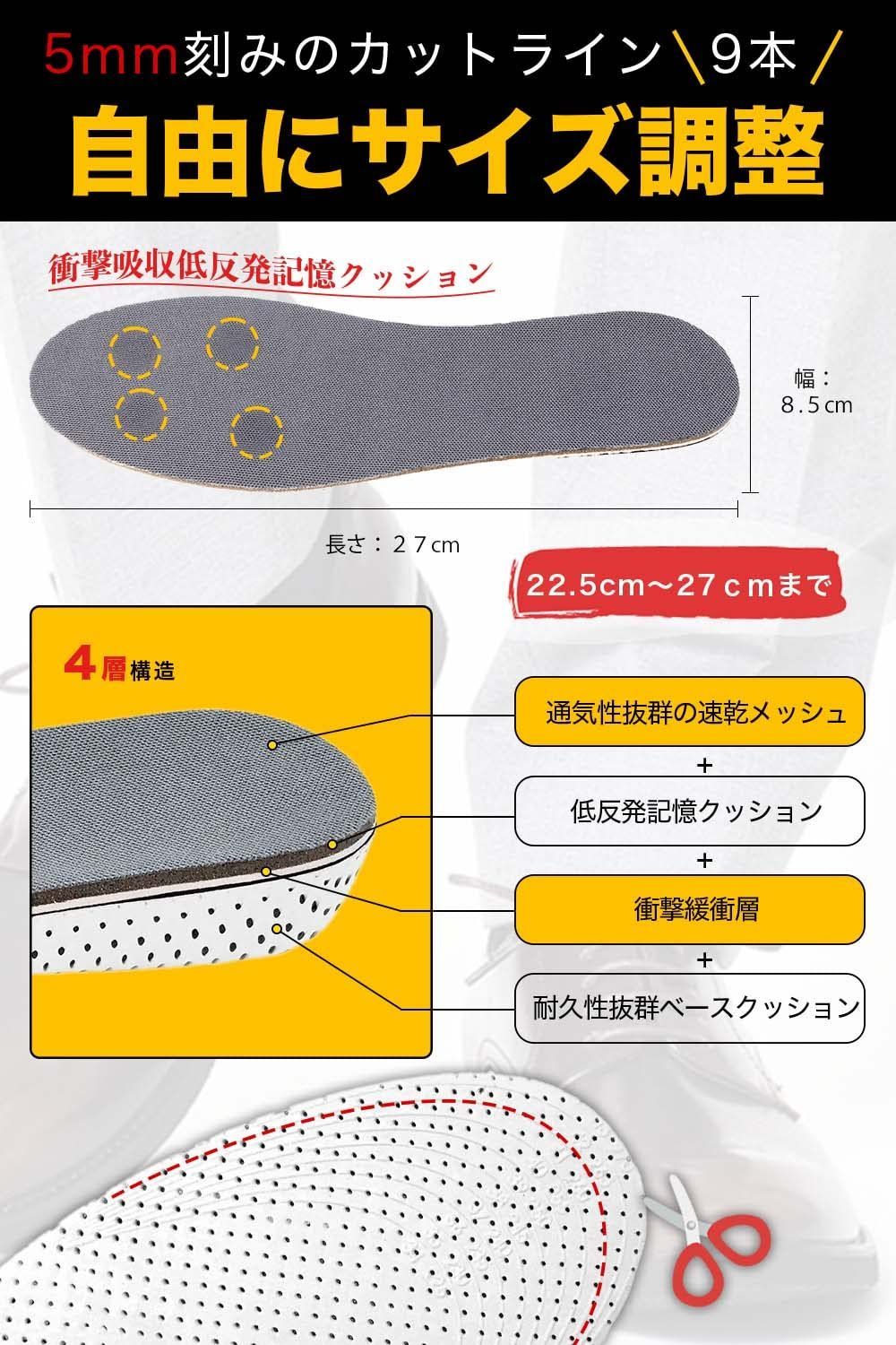 数量限定】【医師監修】シークレットインソール 4種（2cm～5cm） 身長アップ 低反発記憶ソール 衝撃吸収 中敷き 軽量 男女兼用 【3cm×1組  22.5cm～27cm】Helcynas ヘルシナス メルカリ