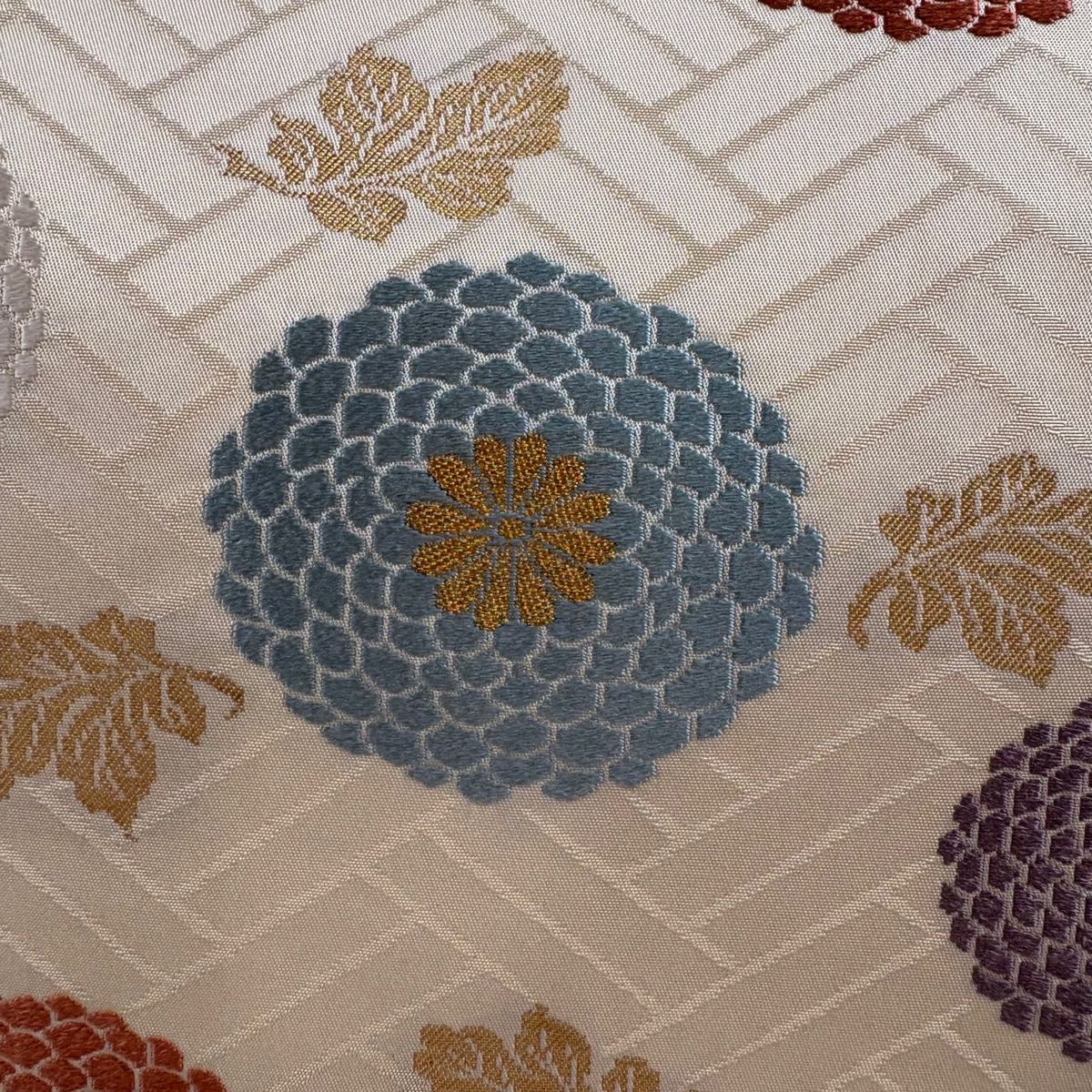 開き名古屋帯 秀品 菊 桧垣 金糸 箔 クリーム 正絹 WWW_WOWDIGSITE_COM