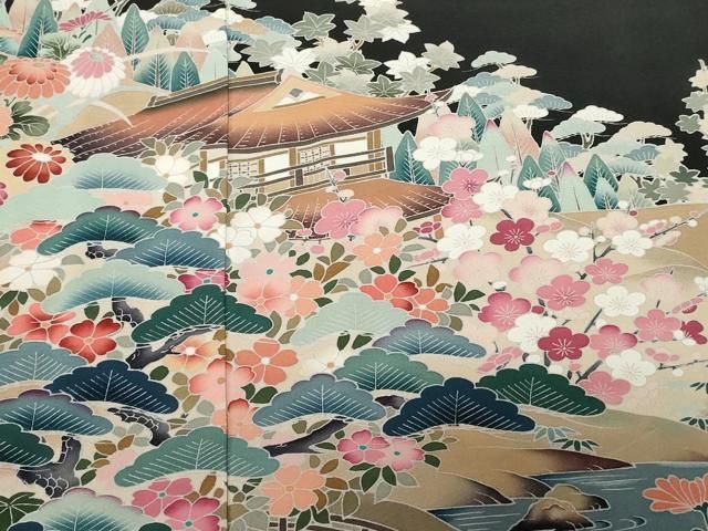 平和屋着物○豪華黒留袖 友禅 作家物 立波風景花文 正絹 逸品