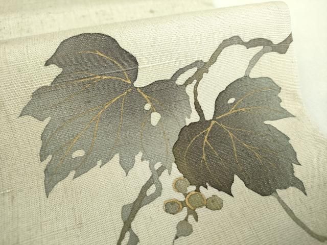 平和屋着物●太鼓柄袋帯　紬地　手描き　葡萄蔦の葉文　金彩　正絹　逸品　DAAS3190ps 平和屋着物○太鼓柄袋帯 紬地 手描き 葡萄蔦の葉文 金彩 正絹 逸品