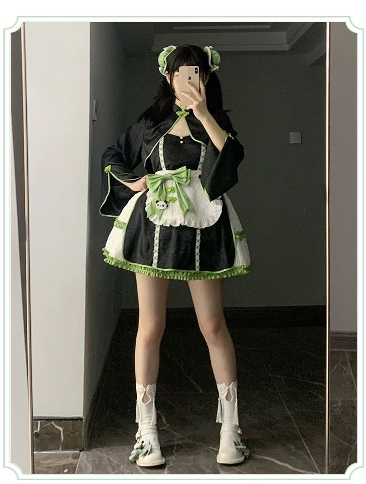 グリーン パンダ チャイナ風 ロリィタ メイド セットアップ 地雷系