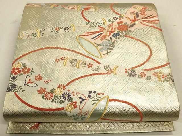 専用◼︎C1128高級袋帯 正絹 絵皿文 亀甲花菱文 テーブルランナー〜280cm 平和屋着物◎全通柄袋帯 ふくれ織 横段亀甲花菱文 金糸 正絹