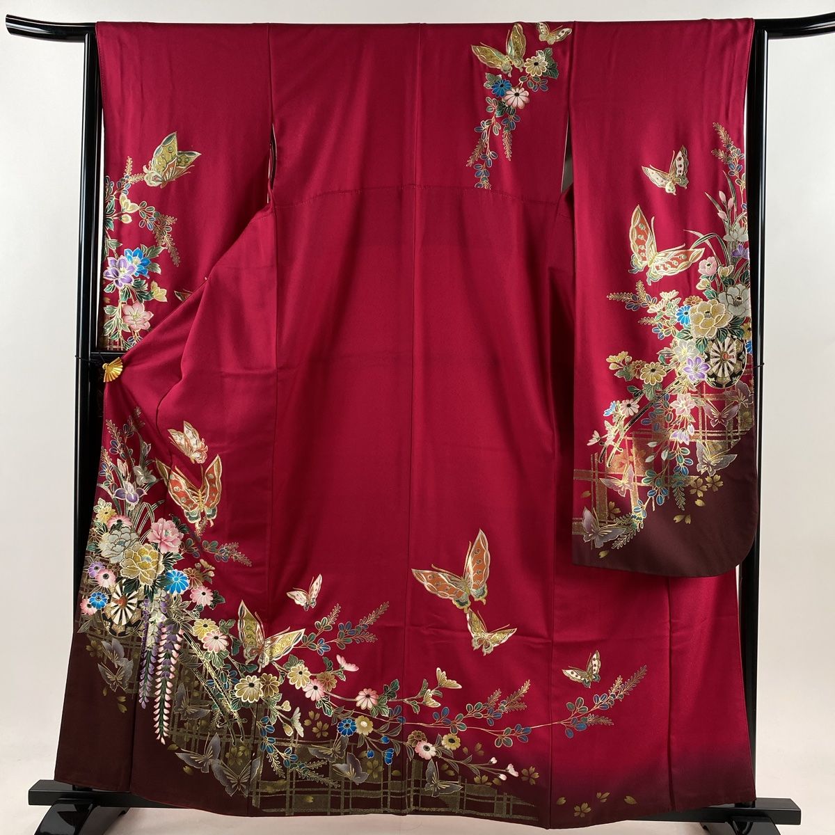 振袖 身丈162cm 裄丈64.5cm M 袷 蝶 花車 金糸 金銀彩 濃ピンク 正絹 秀品