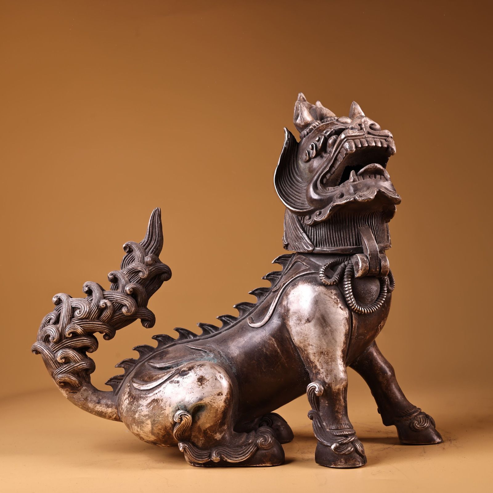 旧家蔵出し 銅製 銀鍍 獅子熏香炉 香道具 逸品仏具 仏具一般