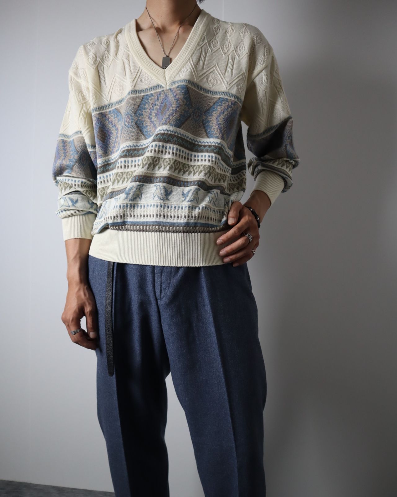 ARAMIS】オルテガ調 透かし編み デザイン コットン混 ニット セーター