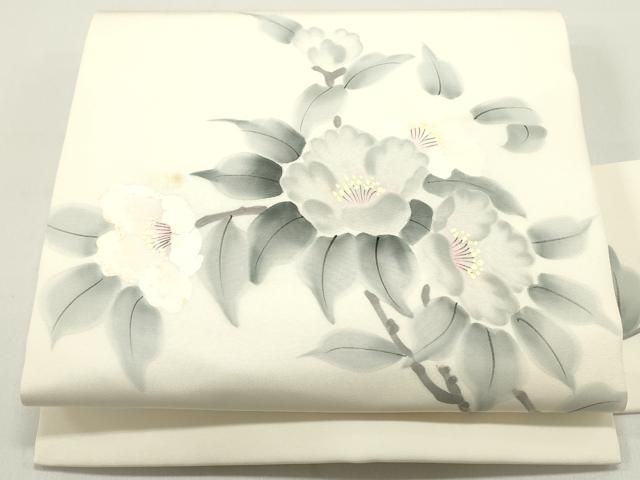平和屋着物●塩瀬 九寸名古屋帯 作家者 手描き 草花文 象牙色 正絹 DAAY0165ob