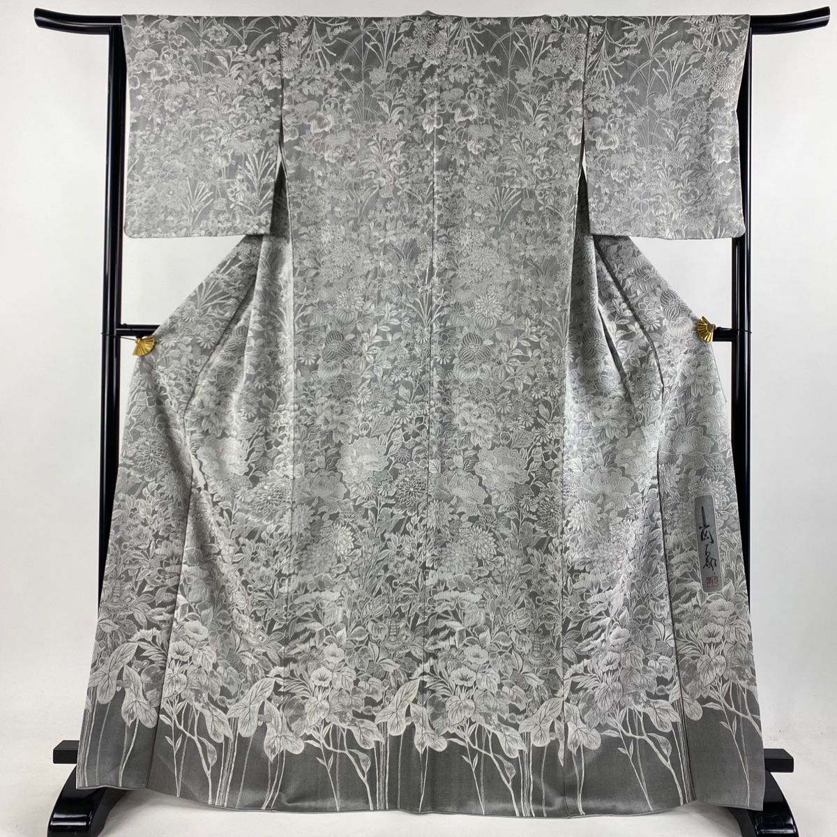 訪問着 身丈167cm 裄丈64.5cm M 袷 山岡古都 落款 草花 灰色 正絹 逸品  