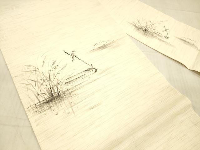 平和屋着物 夏物 九寸名古屋帯 手描き 流水草葉文 鳥 正絹 DAAX0286cm