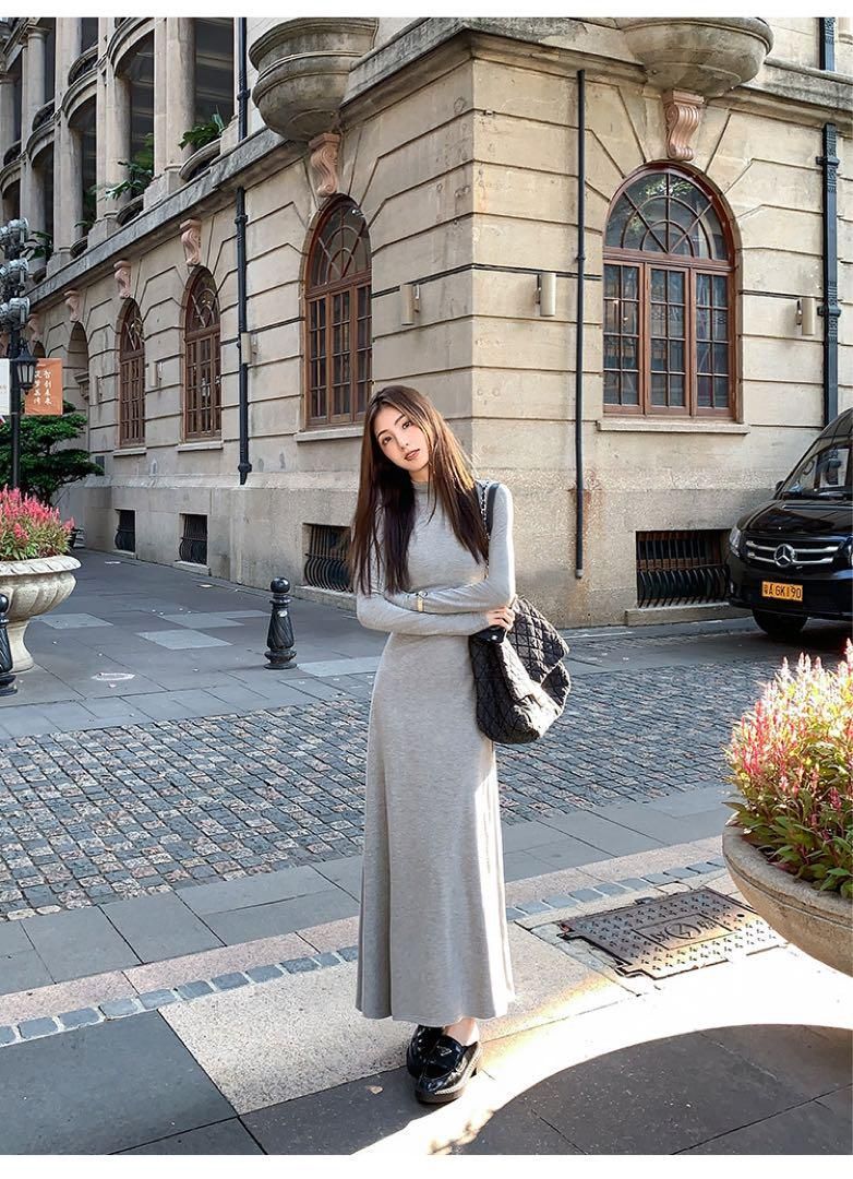 ハイ ニットスリムフィットAラインロングワンピース春の女子会デートにピッタリ