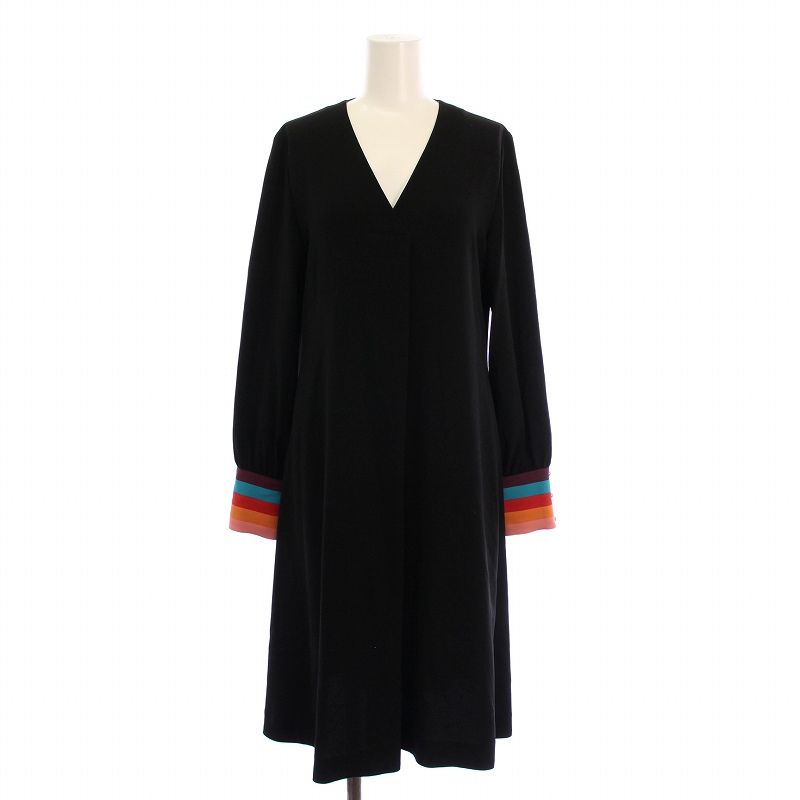 ポールスミス PAUL SMITH コントラストカフスワンピース ひざ丈 長袖 Vネック 無地 ストレッチ 38 黒 ブラック OPPPKW0202 |BB