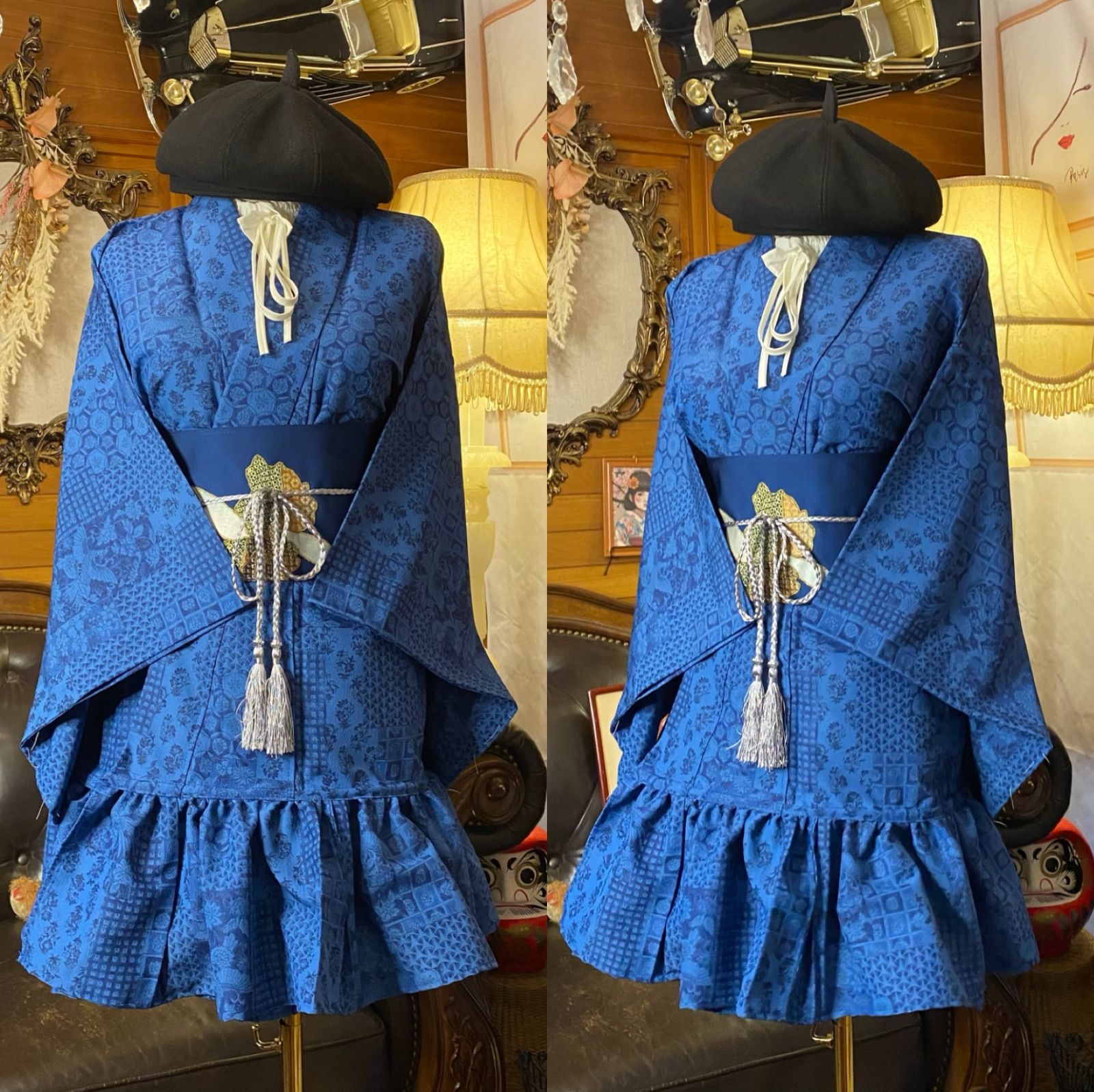 単衣着物 2way ガウン 羽織り ドレス ワンピース ハンドメイド 和洋折衷 洗える 化繊 リメイク 帯サッシュベルト レトロ 古着 青藍×地紋パッチワーク KD-70